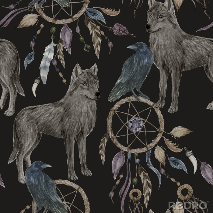 Poster Traumfängerwölfe auf schwarzem Hintergrund