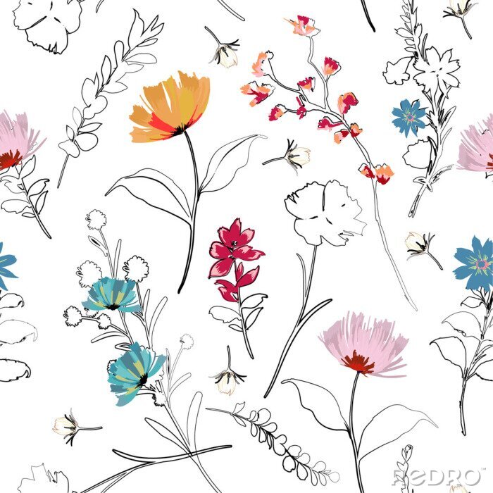 Poster Trendy bright Summer blooming garden outline and hand painting flowers many kind of floral in seamless pattern vector illustration