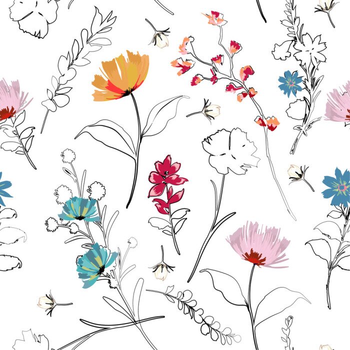 Poster Trendy bright Summer blooming garden outline and hand painting flowers many kind of floral in seamless pattern vector illustration