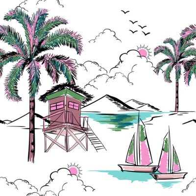 Trendy Hawaii in süßer Farbe nahtlosen Inselmustervektor. Landschaft mit Palmen, Strand und Ozeanvektor handgezeichneten Stil