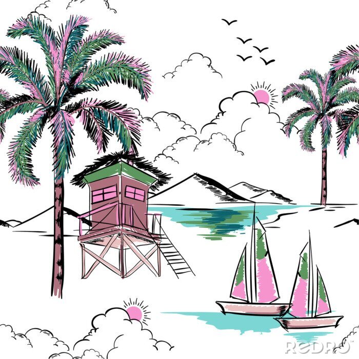 Poster Trendy Hawaii in süßer Farbe nahtlosen Inselmustervektor. Landschaft mit Palmen, Strand und Ozeanvektor handgezeichneten Stil
