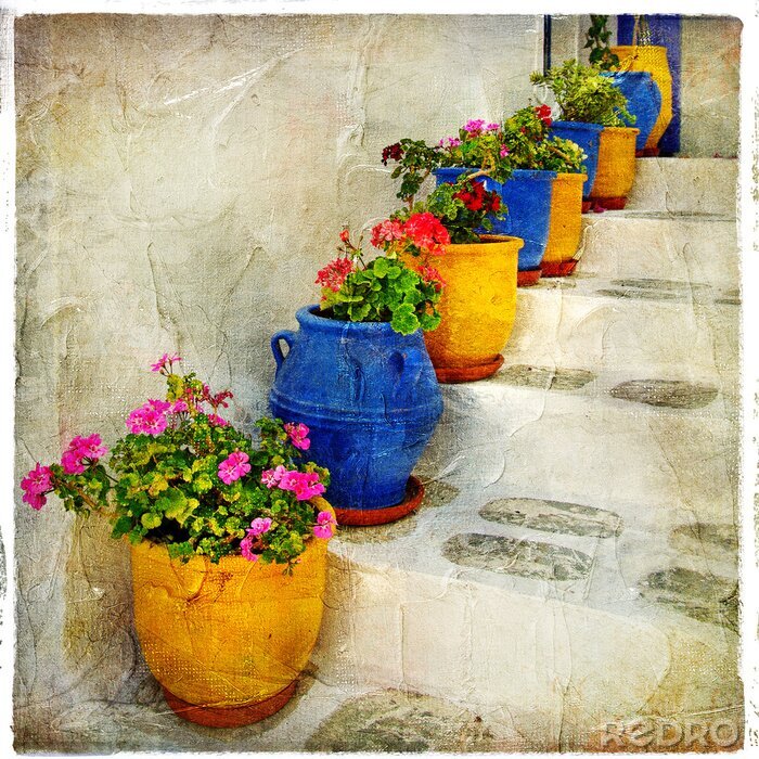 Poster Treppen mit Blumen wie gemalt