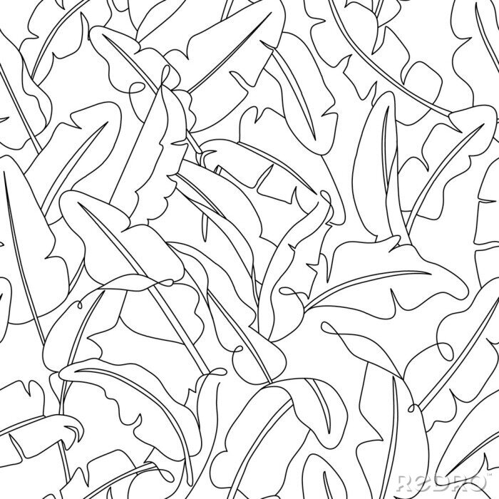 Poster Tropical leaves seamless pattern. Hand drawn outline banana leaf background. Modern line art, aesthetic contour. Vector illustration, black and white design    