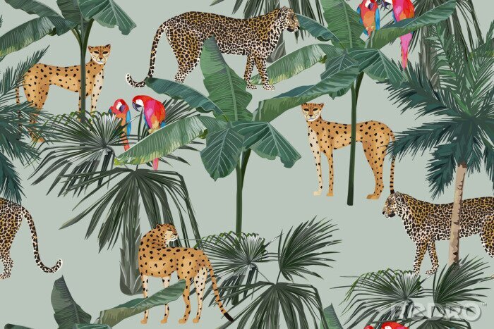 Poster Tropical seamless pattern with palm trees, parrots and leopards. Summer jungle background. Vintage vector illustration. Rainforest landscape