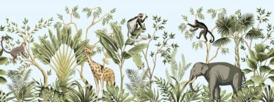 Sticker Tropical vintage botanical landscape, palm tree, banana tree, plant, palm leaves, giraffe, monkey, elephant floral seamless border blue background. Jungle animal wallpaper.