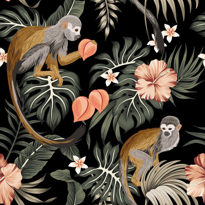 Poster Tropical vintage monkey animal, hibiscus flower, peach fruit, palm leaves floral seamless pattern black background. Exotic jungle wallpaper.