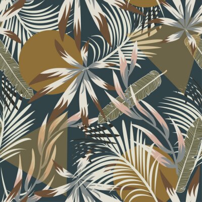 Tropische Blätter auf geometrischem Hintergrund