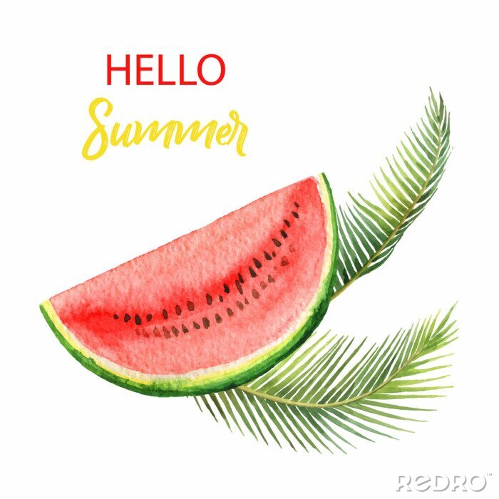 Poster Tropische Blätter der Aquarellvektorkarte und Scheibe der Wassermelone lokalisiert auf weißem Hintergrund.