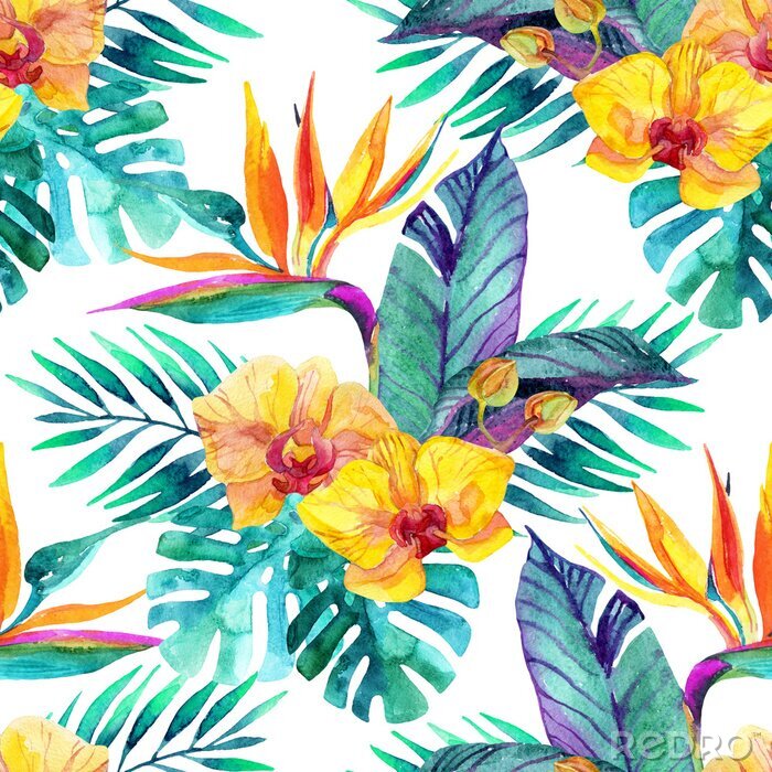 Poster Tropische Blätter und Blumen. Floral Design Hintergrund.