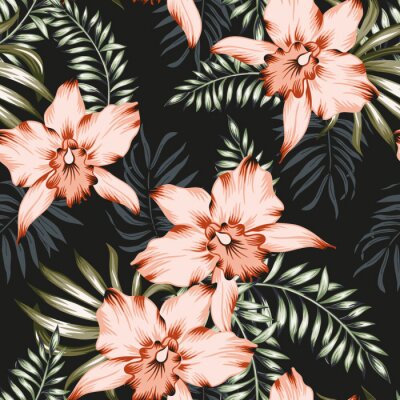 Tropische Orchideenblumen- und Palmblattsträuße, schwarzer Hintergrund. Vektor nahtloses Muster. Dschungellaubillustration. Exotische Pflanzen. Blumenmuster des Sommerstrandes. Paradies Natur