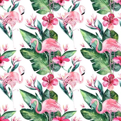 Tapete Tropischer nahtloser Blumensommer-Musterhintergrund mit tropischen Palmblättern, rosa Flamingovogel, exotischer Hibiscus. Perfekt für Dschungeltapeten, Mode Textildesign, Stoffdruck.