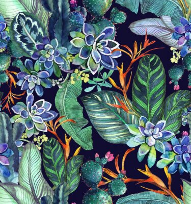 Tropisches nahtloses Muster mit Succulents, tropische Blätter. Botanischer Hintergrund