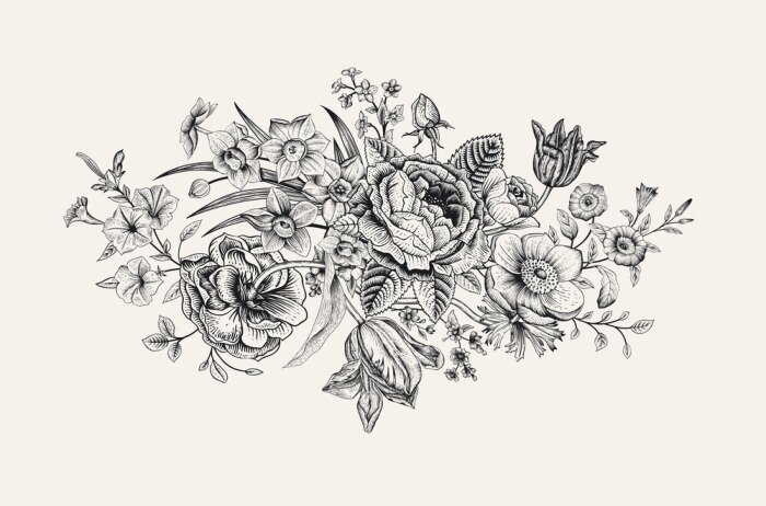 Poster Tulpen und Blumen Zusammensetzung in schwarz und weiß