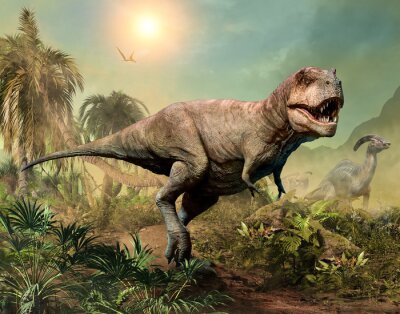 Tyrannosaurus rex vor dem Hintergrund tropischer Vegetation