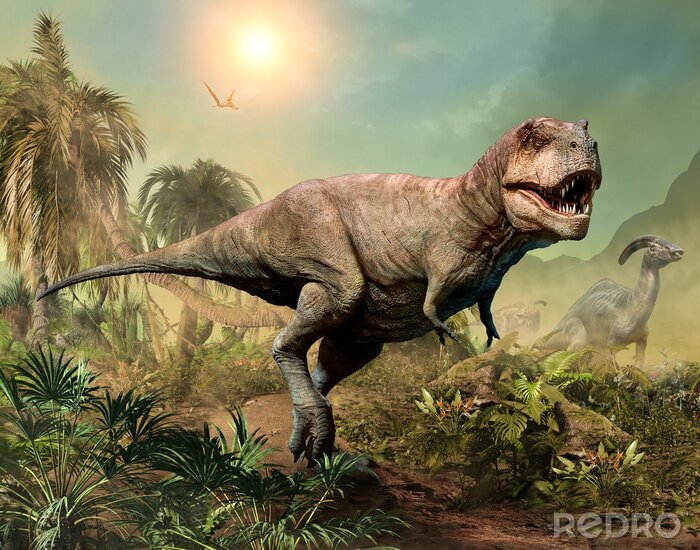 Poster Tyrannosaurus rex vor dem Hintergrund tropischer Vegetation