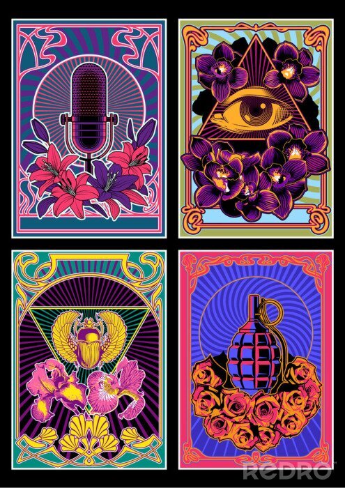 Poster Unique Sammlung von Hippie-Illustrationen
