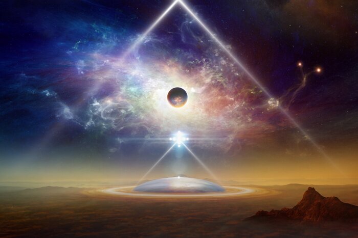 Poster Unser Planet und das beleuchtete Schiff der Außerirdischen