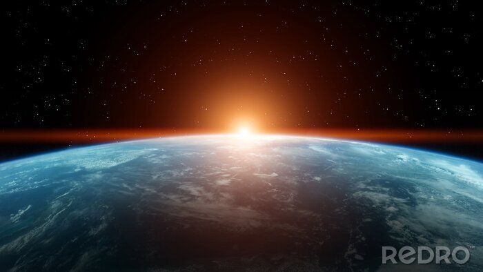 Poster Unser Planet und die Sonne am Horizont sichtbar
