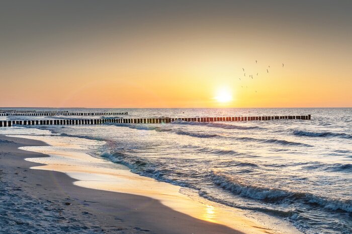 Poster Untergehende Sonne hinter dem Meer