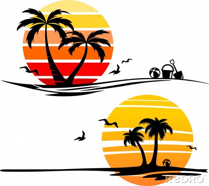 Poster Untergehende Sonne und Palmen