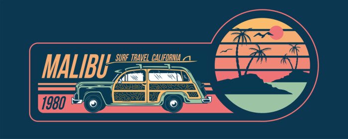 Poster Urlaubsgrafik mit Sonnenuntergang