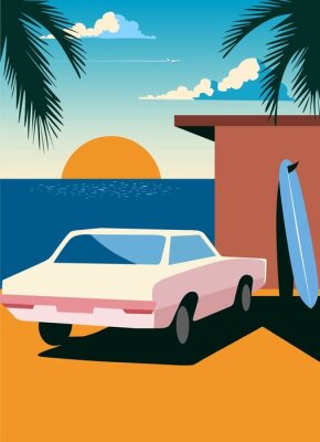 Poster Urlaubsstimmung mit einem rosa Auto