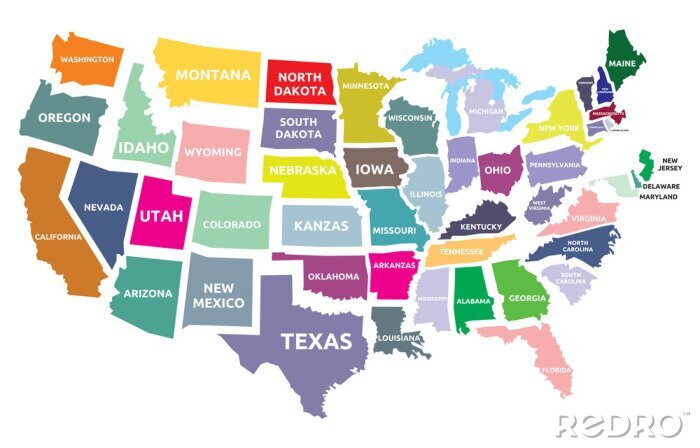 Poster USA aufgeteilt in bunte Bundesstaaten