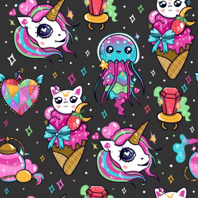 Various kawaii elements. Hand drawn colored vector seamless pattern. Black background