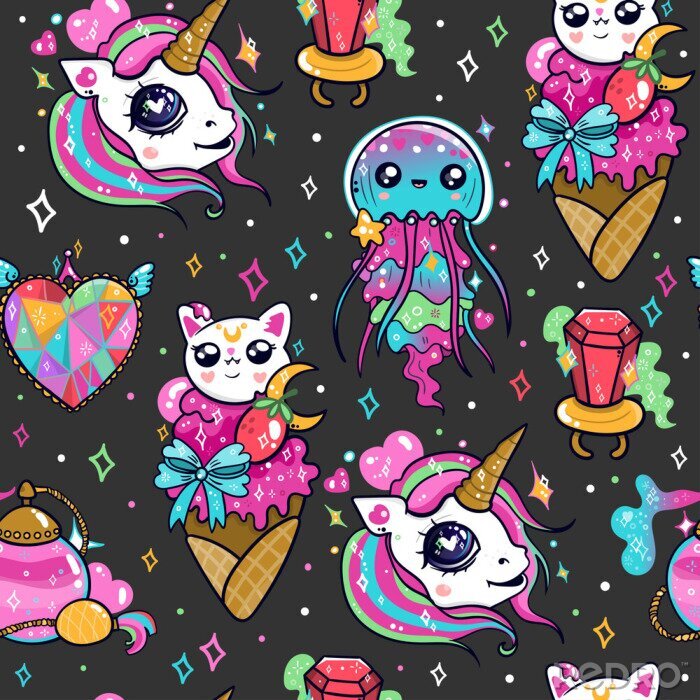 Poster Various kawaii elements. Hand drawn colored vector seamless pattern. Black background