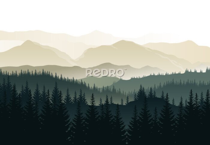 Poster Vector beautiful morning landscape with misty green forests and mountains