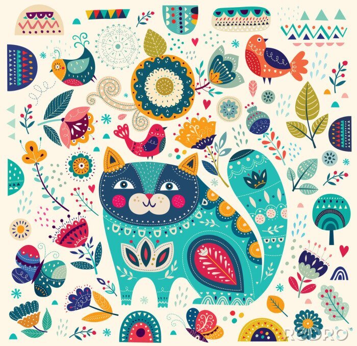 Poster Vector bunte Illustration mit schönen Katze, Schmetterlinge, Vögel und Blumen