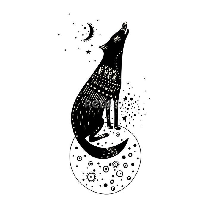 Poster Vector childish hand-drawn illustration. Wolf sitting on a planet in space and howling at the moon. Black and white