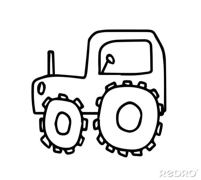 Poster Vector Doodle childish tractor hand drawn on an isolated white background. Sketch  black line icon. Design for cards, coloring, textiles, packaging paper, stickers, web and mobile.