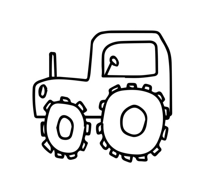 Poster Vector Doodle childish tractor hand drawn on an isolated white background. Sketch  black line icon. Design for cards, coloring, textiles, packaging paper, stickers, web and mobile.