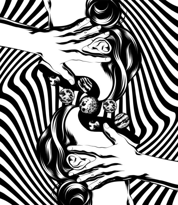 Poster Vector hand drawn illustration of girls with planets . Creative  artwork. Template for card, poster. banner, print for t-shirt, pin, badge, patch.