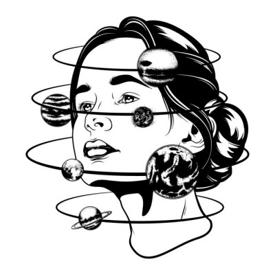 Vector hand drawn illustration of young beautiful woman,  geometrical composition and planets. Template for card, poster, banner, print for t-shirt.