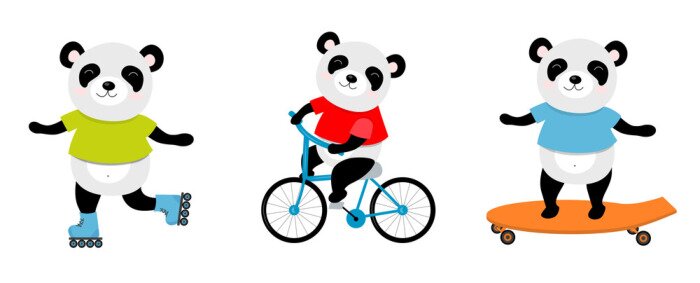 Poster Vector Illustration des sportlichen Pandas auf einem Fahrrad, Rollschuhe, Rochen. Vervollkommnen Sie für Postkarte, Babybuch, Plakat, Fahne