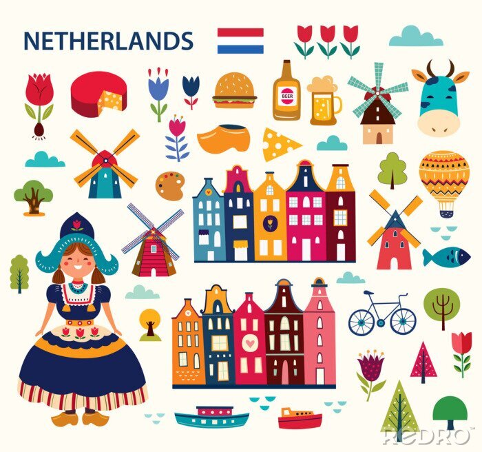 Poster Vector illustration in cartoon style with symbols of Netherlands