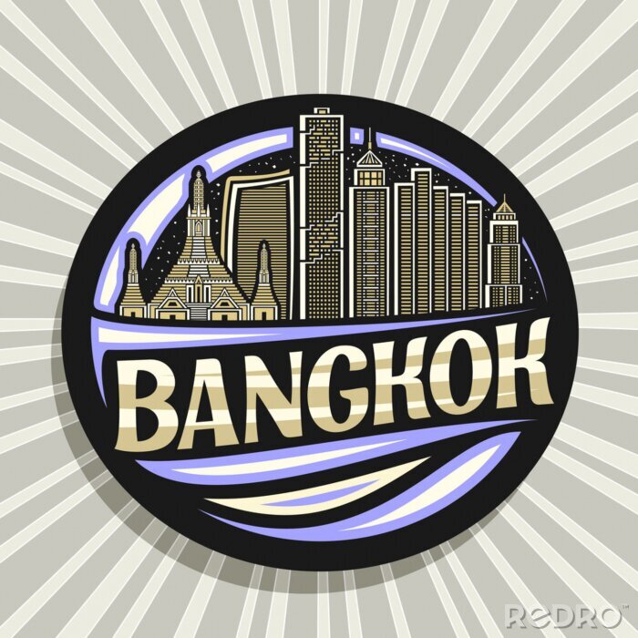 Poster Vector logo for Bangkok, black decorative badge with outline illustration of famous bangkok city scape on evening sky background, art design tourist fridge magnet with unique letters for word bangkok.