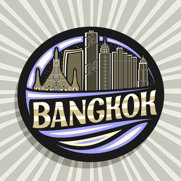 Poster Vector logo for Bangkok, black decorative badge with outline illustration of famous bangkok city scape on evening sky background, art design tourist fridge magnet with unique letters for word bangkok.