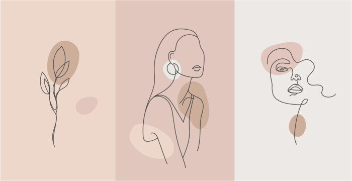 Poster Vector minimalist style portrait. Line flower, woman portrait. Hand drawn abstract feminine print. Use for social net stories, beauty logos, poster illustration, card, t-shirt print