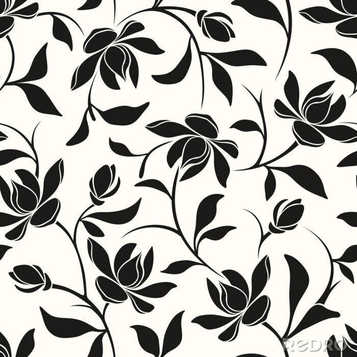 Poster Vector nahtlose Schwarz-Weiß-Blumenmuster mit Magnolienblüten und Blätter.