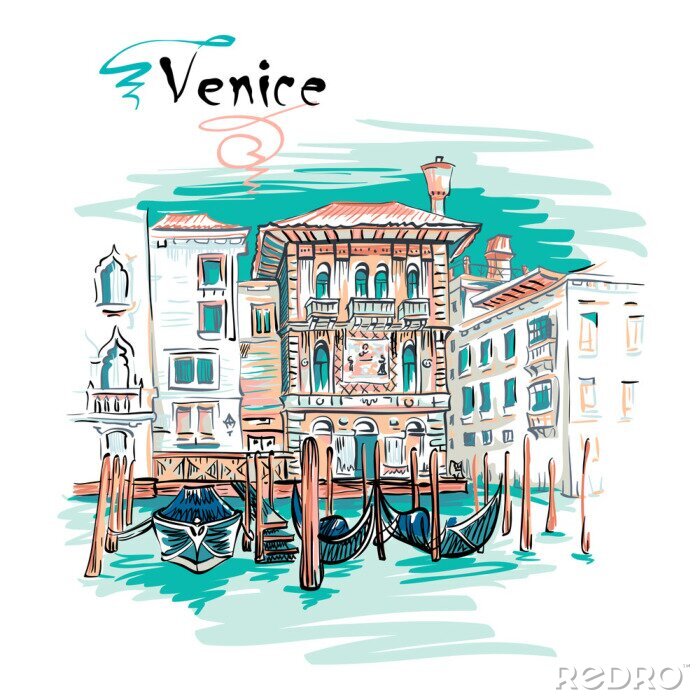 Poster Vector picturesque view with Palazzo in Venetian Gothic style on the Grand Canal in summer day, Venice, Italy.