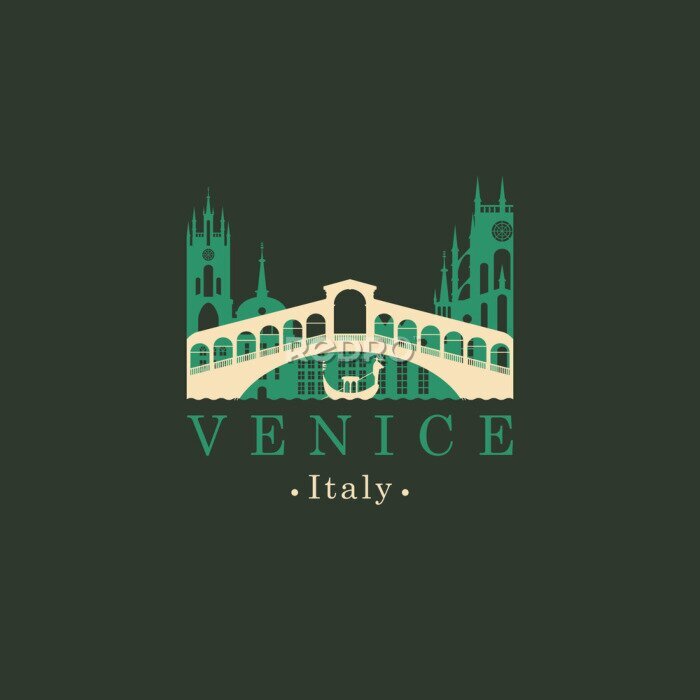 Poster Vector Reiseillustration, -fahne oder -ikone. Rialto Brücke Logo. Ponte di Rialto und die Gondel auf einem Hintergrund der alten Gebäude von Venedig. Venedig Wahrzeichen. Italienische architektonische