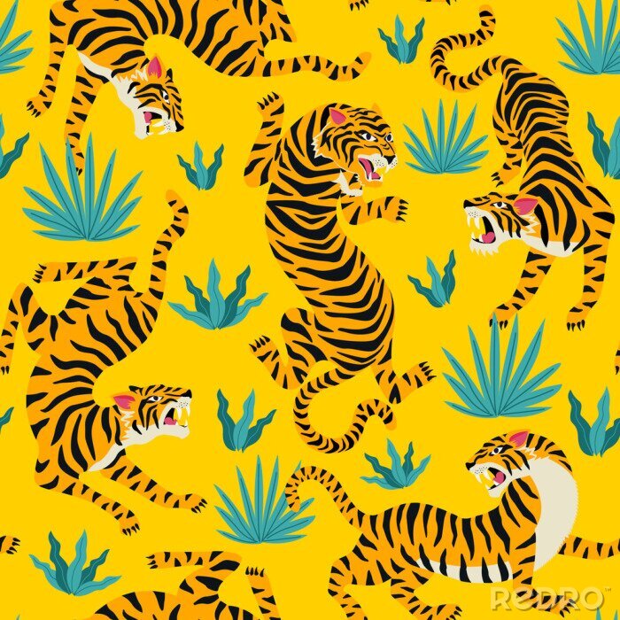 Poster Vector seamless pattern with cute tigers on background. Circus animal show. Fashionable fabric design.