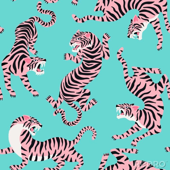 Poster Vector seamless pattern with cute tigers on background. Circus animal show. Fashionable fabric design.