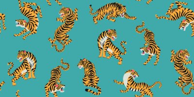 Tapete Vector seamless pattern with cute tigers on background. Fashionable fabric design.