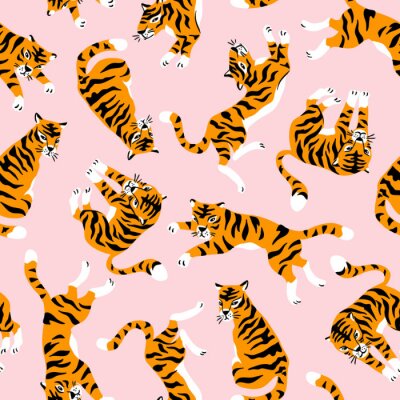 Vector seamless pattern with cute tigers on the pink background. Circus animal  show. Fashionable fabric design.