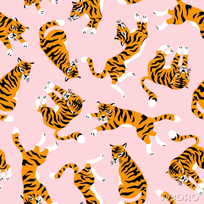 Poster Vector seamless pattern with cute tigers on the pink background. Circus animal  show. Fashionable fabric design.