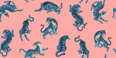 Tapete Vector seamless pattern with cute tigers on the pink background. Fashionable fabric design.